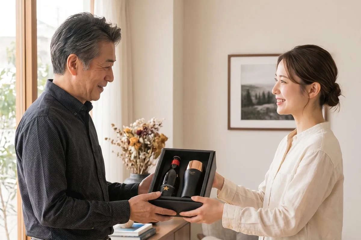 若い女性が中高年男性にイネディットビール瓶と名入れタンブラーを収めたブラック化粧箱のギフトセットを手渡している室内シーン。受け取る男性が笑顔で箱を持ち、贈答シーンを描写