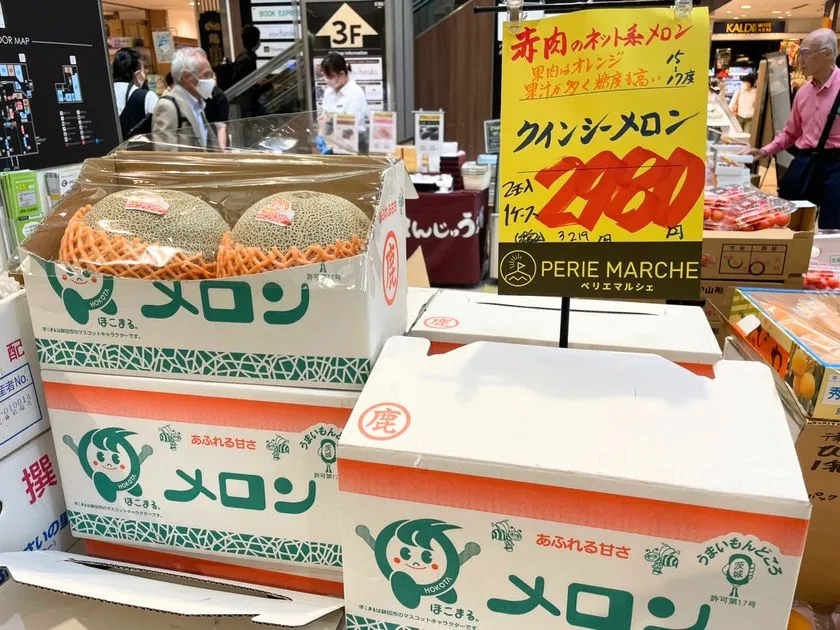 クインシーメロン2本入り2,960円の赤肉ネット系品種の販売コーナー。茨城県ほこまる印のメロン箱2段重ねと価格POPが写り、背後に来店客と売り場フロアが見える