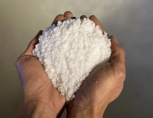 両手で白い粉末状の塩または麹を手のひらにすくった接写。発酵・製造工程の原材料を示す素材ショット