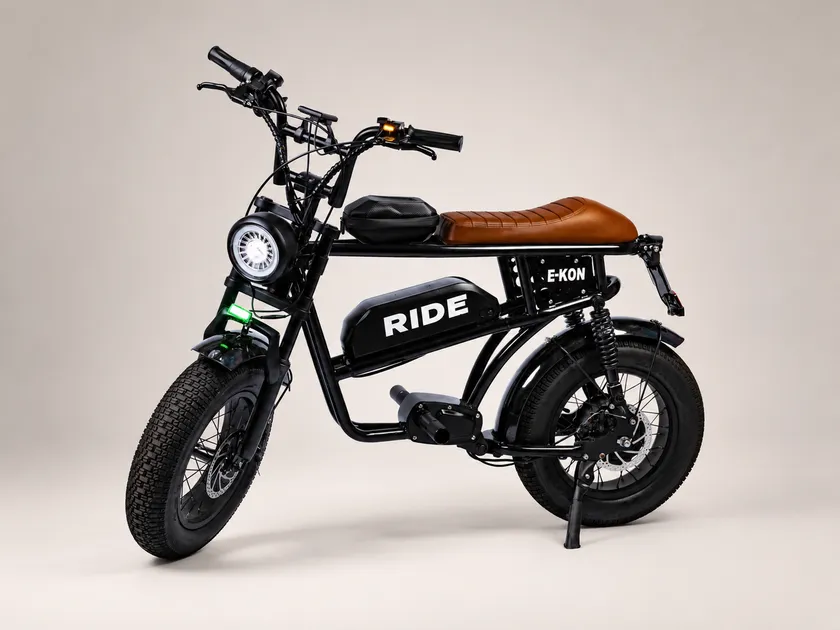 マットブラックの車体にブラウンシートを合わせたE-KON RIDE