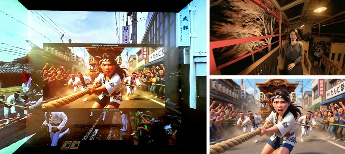 Pivot BASE Cafeの多面スクリーンにKISHIWADA DANJIRI FESTIVALのAI生成イマーシブ映像を投影した実証実験の様子。来場者が大型壁面映像を体験するシーンとアニメ調だんじり祭り映像の3カット構成。