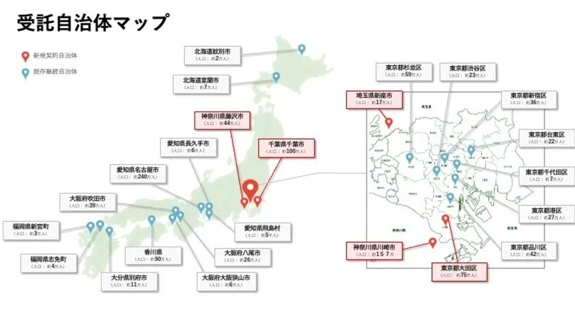 リーフラス受託自治体マップ。北海道・東京・愛知・大阪・福岡など全国24自治体の位置と人口規模を新規契約(赤)と既存継続(青)に色分けしてピンで示した地図