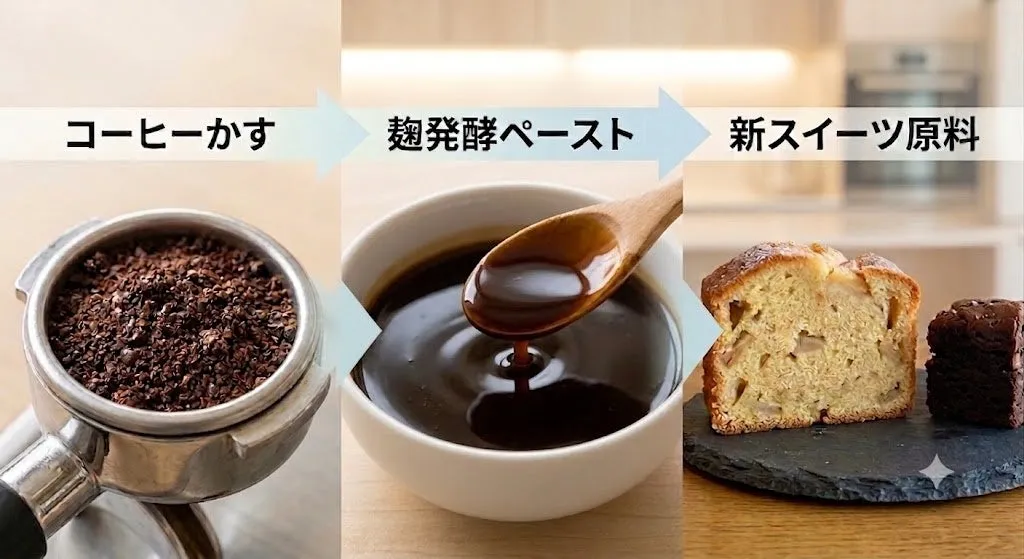 コーヒーかすを麹発酵ペーストに変換し新スイーツ原料として再生する3段階プロセスを図解した説明画像