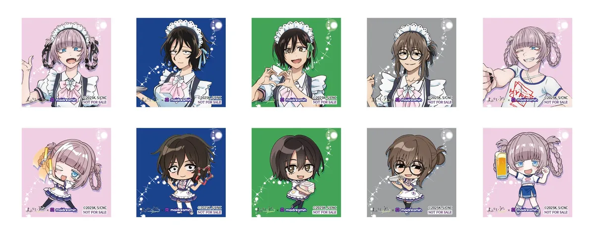 よふかしのうたSeason2×めいどりーみんコラボの通常絵柄とちびキャラ絵柄のブロマイド風ステッカー全10種で、各キャラのメイド衣装バリエーションが一覧表示されている