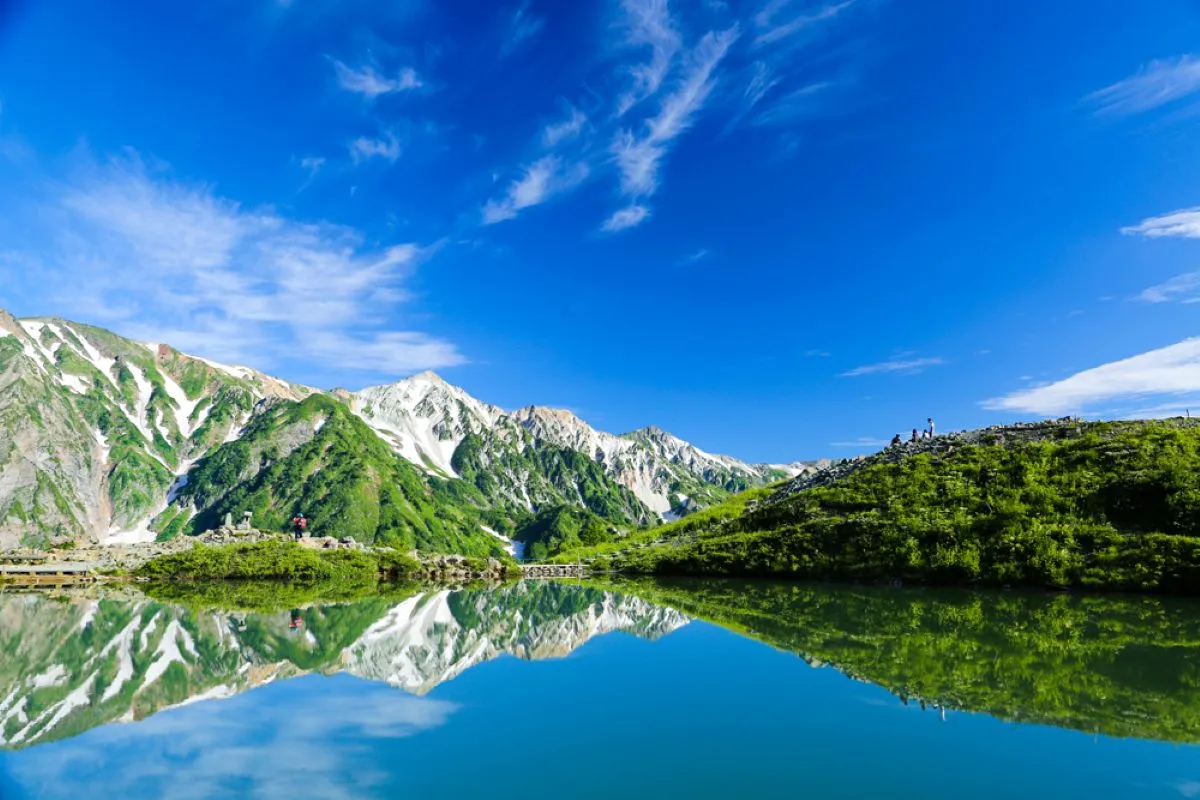 白馬連峰の残雪と緑の山肌が湖面に鏡面反射する夏の北アルプス風景写真。青空のもと複数の登山者が稜線に立つ構図