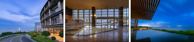 丘上に建つ亀の井ホテル赤穂の外観夕景、大型ガラス窓を備えた内湯浴場の全景、インフィニティプールから瀬戸内海を望む夜景の3カット外観・施設紹介