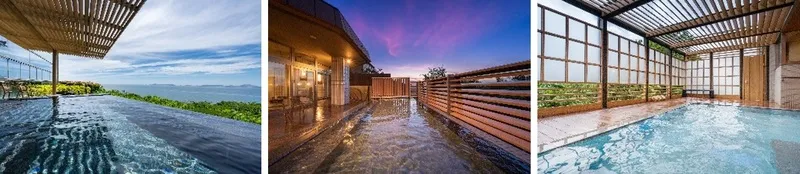 インフィニティプールから瀬戸内海と緑を見渡す昼景、夕暮れ時の露天風呂テラス・かけ流し湯煙、格子窓から自然光が差し込む半屋外温泉浴槽の3カット露天温泉紹介