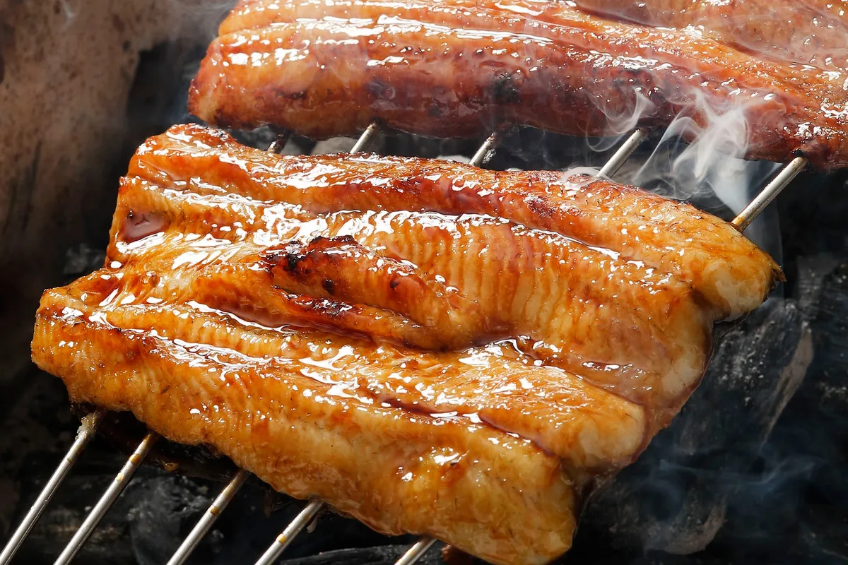 タレを塗りながら炭火で焼き上げられた鰻の蒲焼アップ写真。複数の鰻フィレットが金串に刺さり、煙が立ち上る焼き台の上でたれが照り光る調理工程のクロップショット