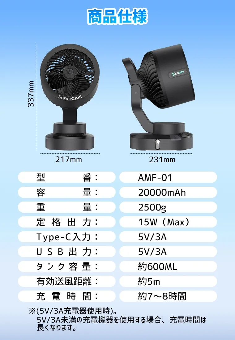 SOPPYミスト搭載アウトドアファンのスペック一覧