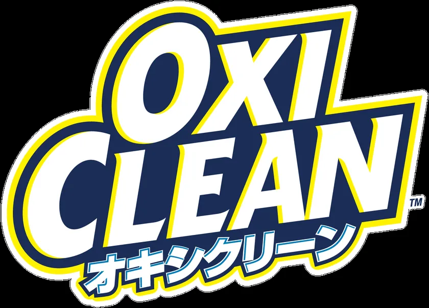 オキシクリーン(OXI CLEAN)の日本語カタカナ表記入りブランドロゴ。濃紺地に白抜き文字、黄色のアウトライン配色の公式ロゴタイプ単体