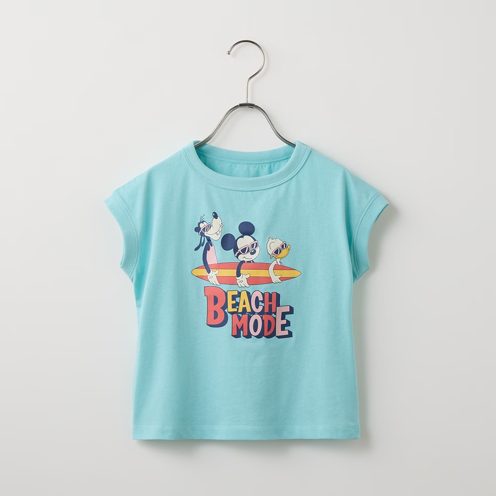 身生地綿100%の接触冷感フレンチスリーブTシャツ「ミッキー&フレンズ」 アクアグリーン