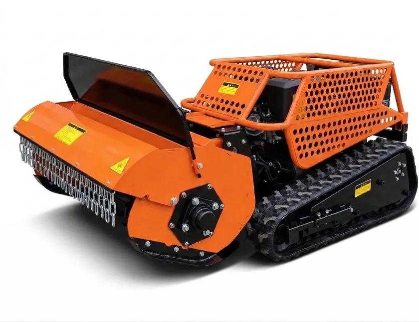 ラジコン草刈機JRSY800の本体単体商品写真。オレンジ色のクローラー走行ユニットとフレール式刈刃ユニット、パンチング鋼板製エンジンカバーの全体構造が白背景で確認できる