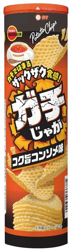 ガチじゃがコク旨コンソメ味 黒とオレンジの筒型パッケージ
