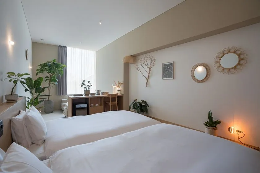 大きな窓と観葉植物を備えた客室