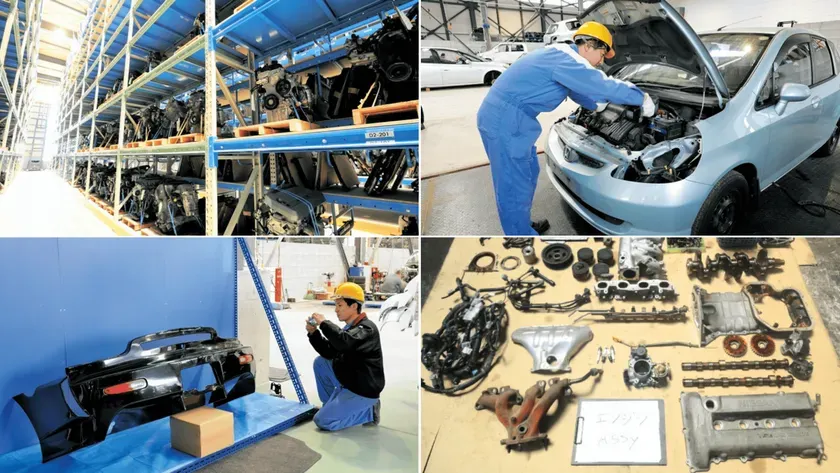 倉庫や整備現場で自動車リサイクルパーツを保管・点検する様子