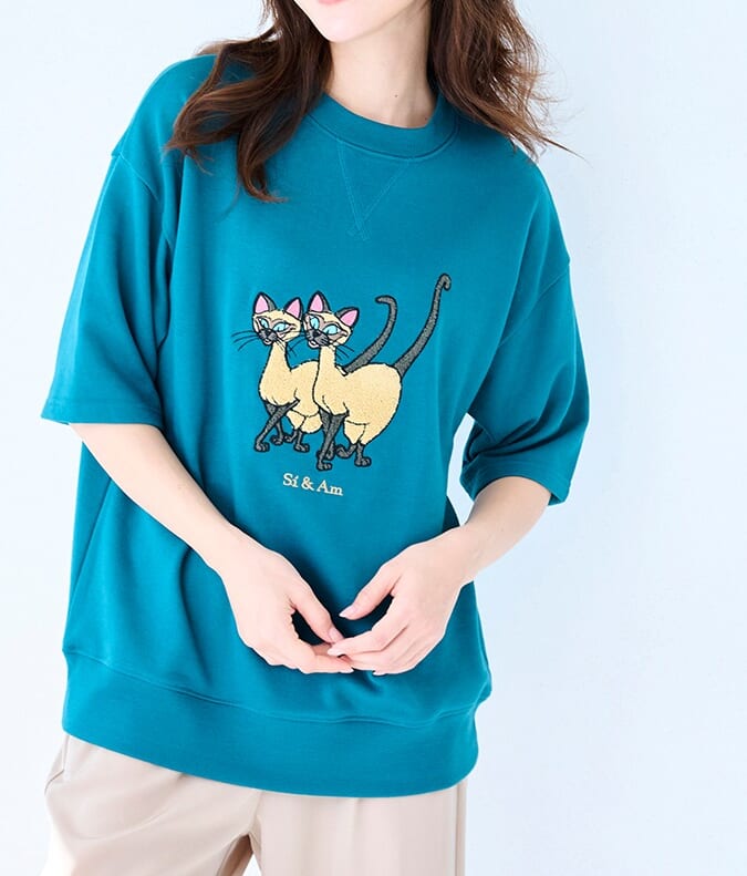 ユニセックスサガラ刺繍半袖ミニ裏毛プルオーバー サイ&アム
