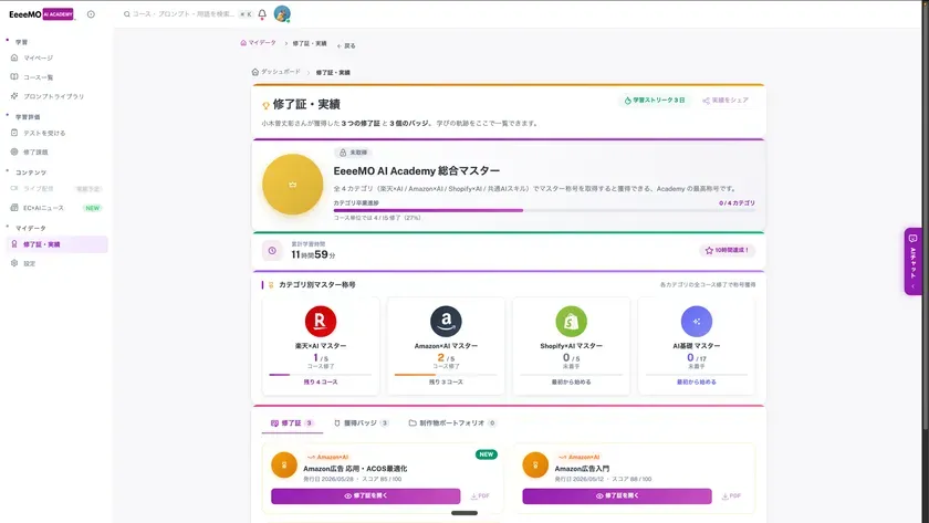 修了証とマスター称号の進捗画面