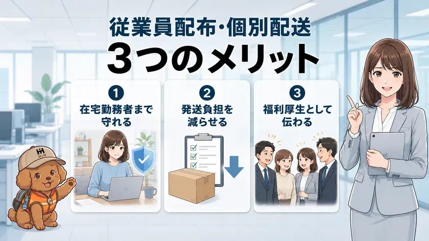 従業員配布・個別配送3つのメリットを示す案内画面