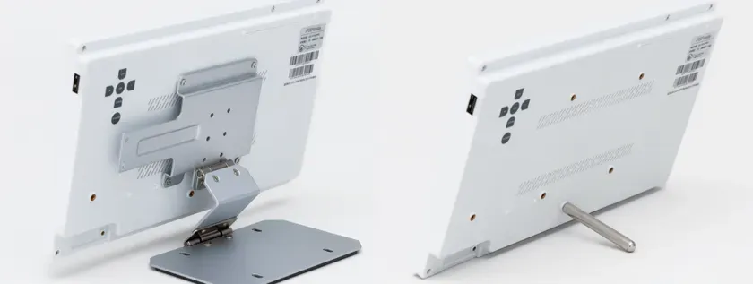 電子POP端末の背面と付属スタンド