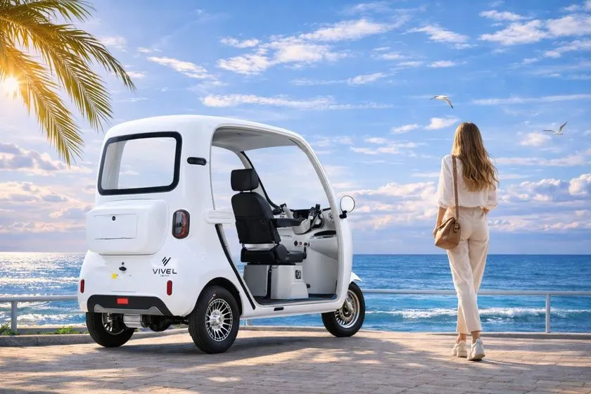 海辺に置かれたVIVEL三輪EV