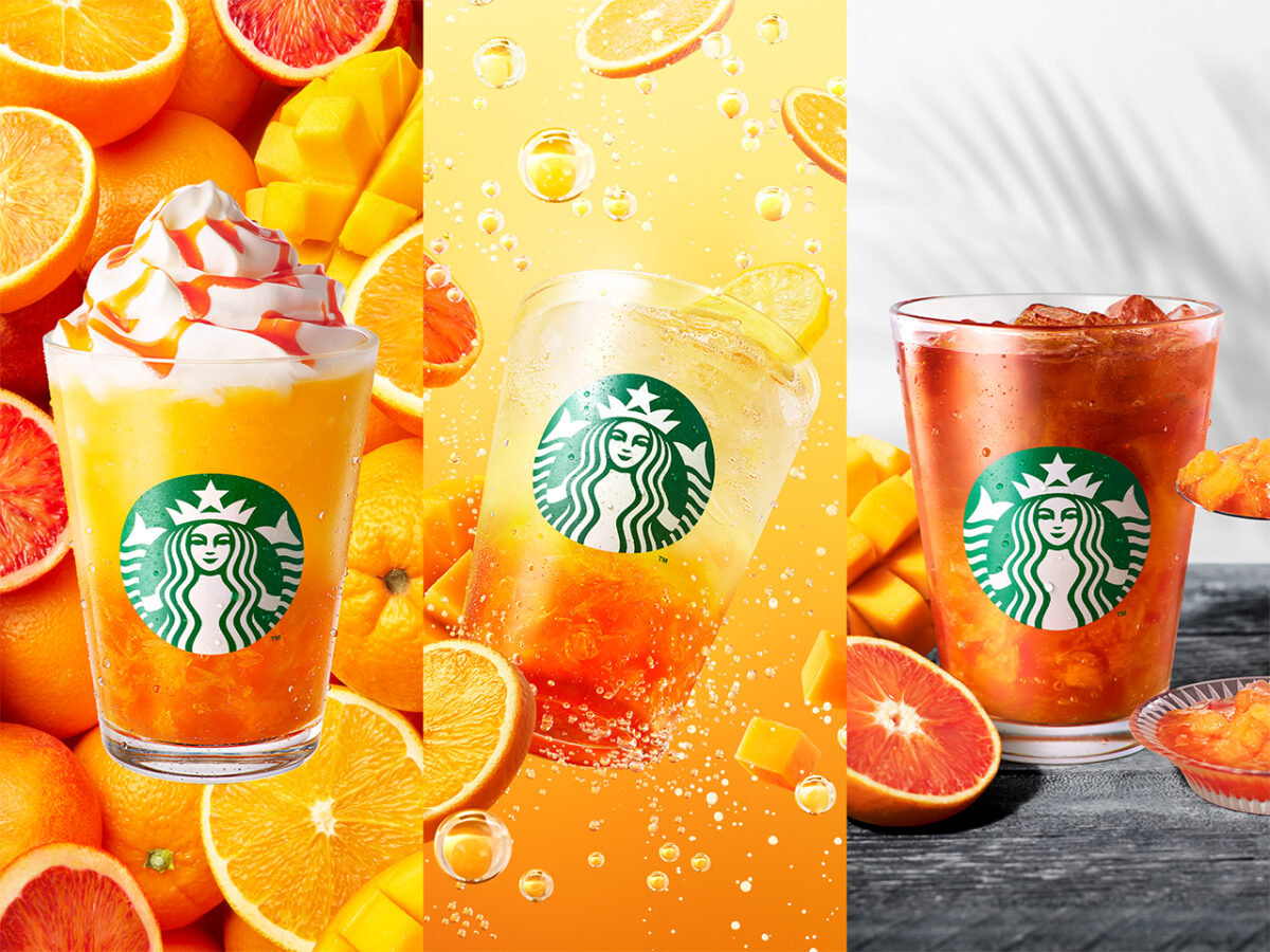 スターバックス「ぎゅぎゅっと オレンジ＆マンゴー フラペチーノ／チラックス ソーダ オレンジ＆マンゴー／クラフト ジューシー オレンジ＆マンゴー ティー」
