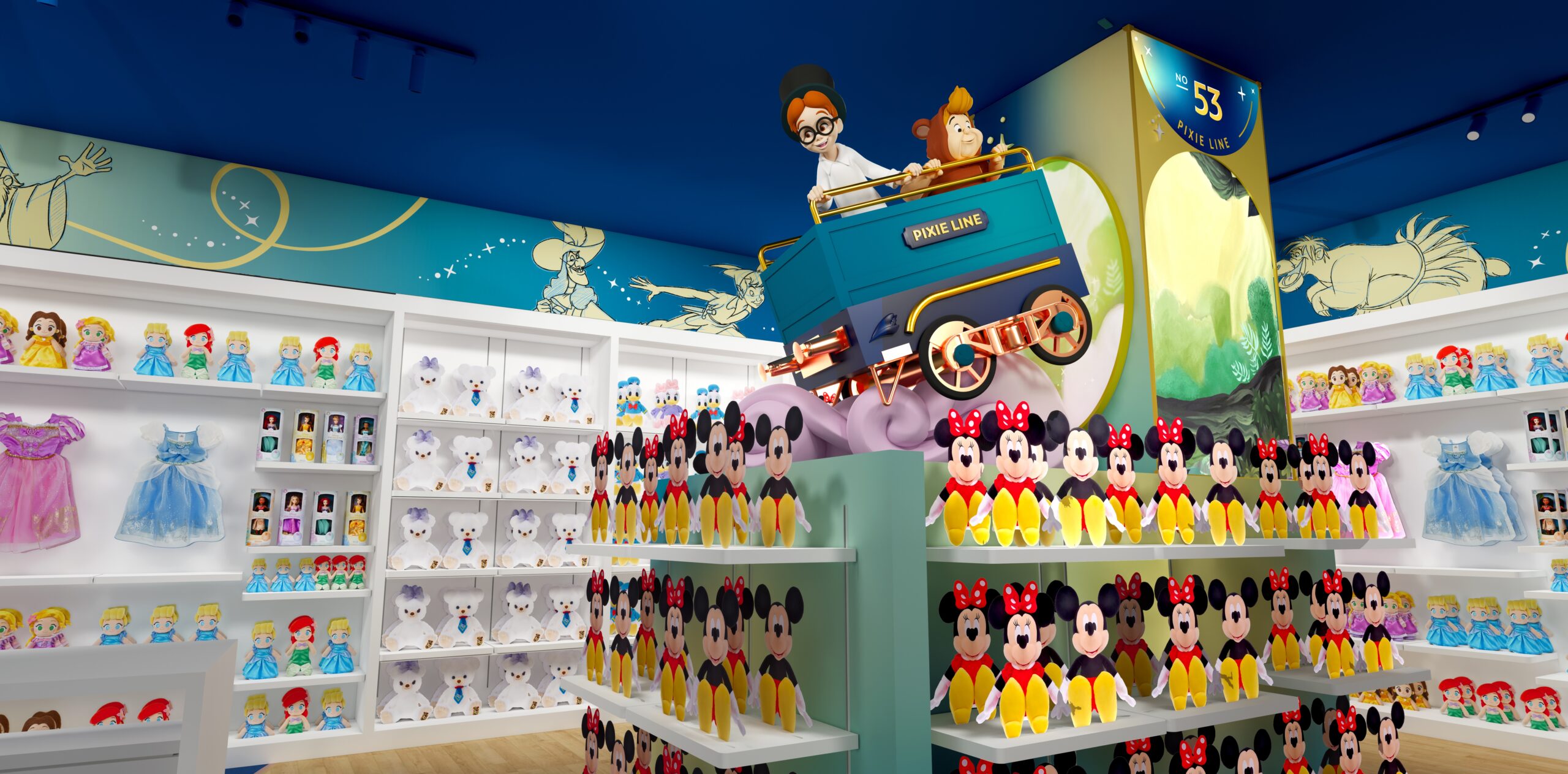 魔法の鏡から飛び出した蒸気機関車に乗ったディズニーキャラクター