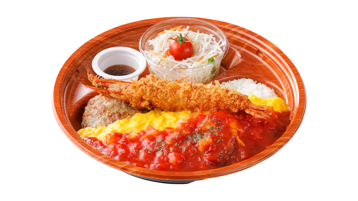 角切りトマトとびっくりエビフライのオムバーグディッシュ　テイクアウト