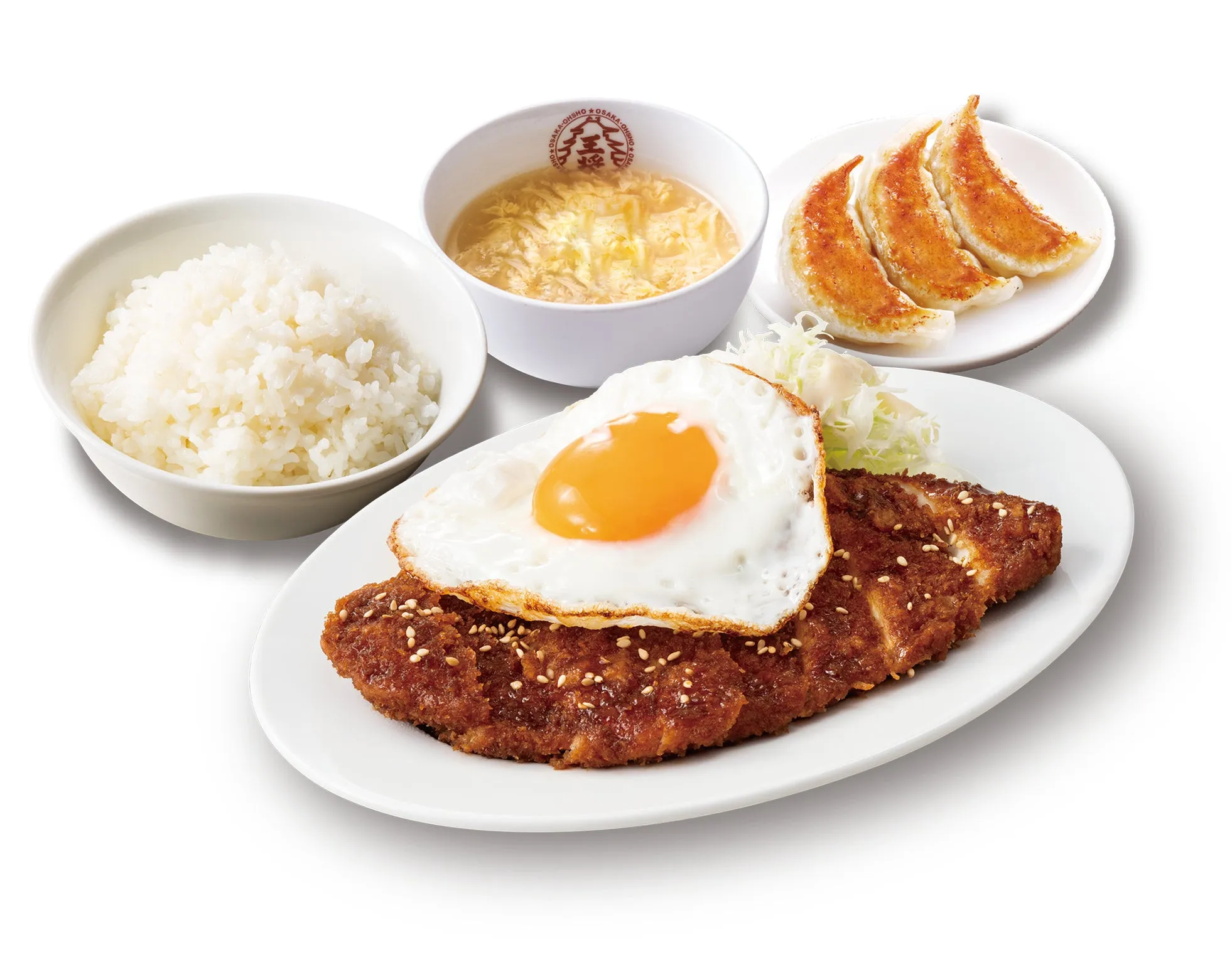 「鉄壁のチキン味噌カツ定食」のご飯・スープ・餃子