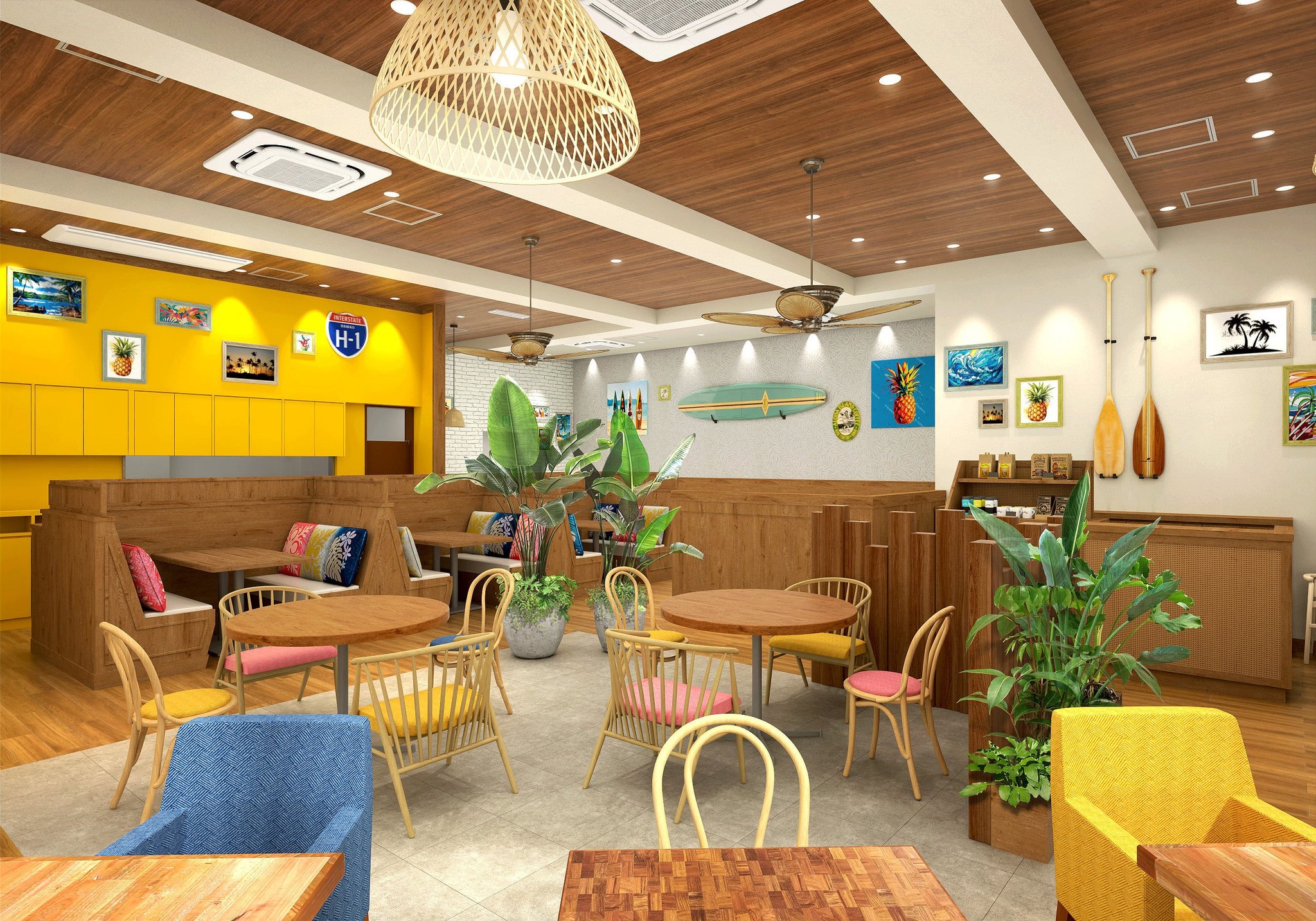 Eggs 'n Things キャナルシティ博多店の店内、ハワイアンテイストの内装