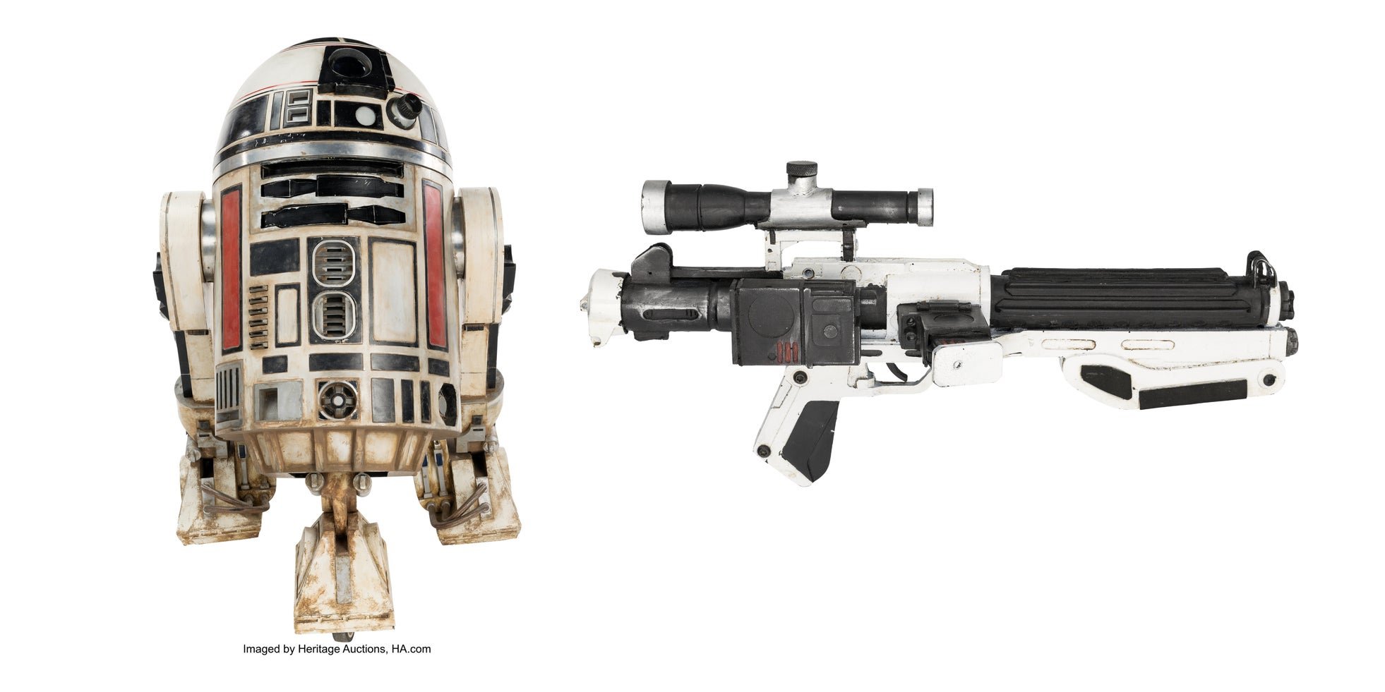 「R2-S8」ドロイドの頭部とブラスターライフルの小道具