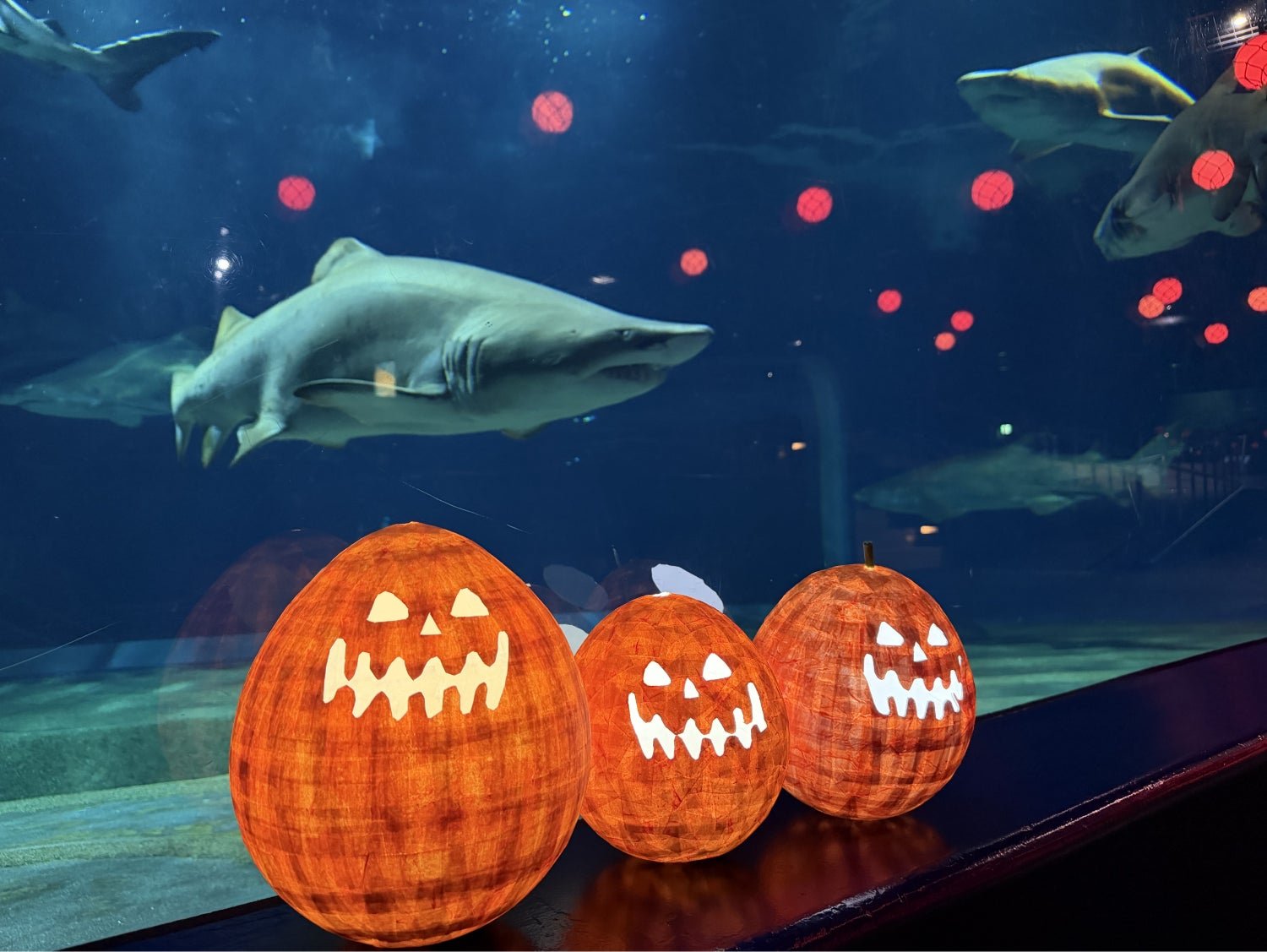 ハロウィン仕様の「NIGHT AQUAWORLD」のサメ水槽装飾