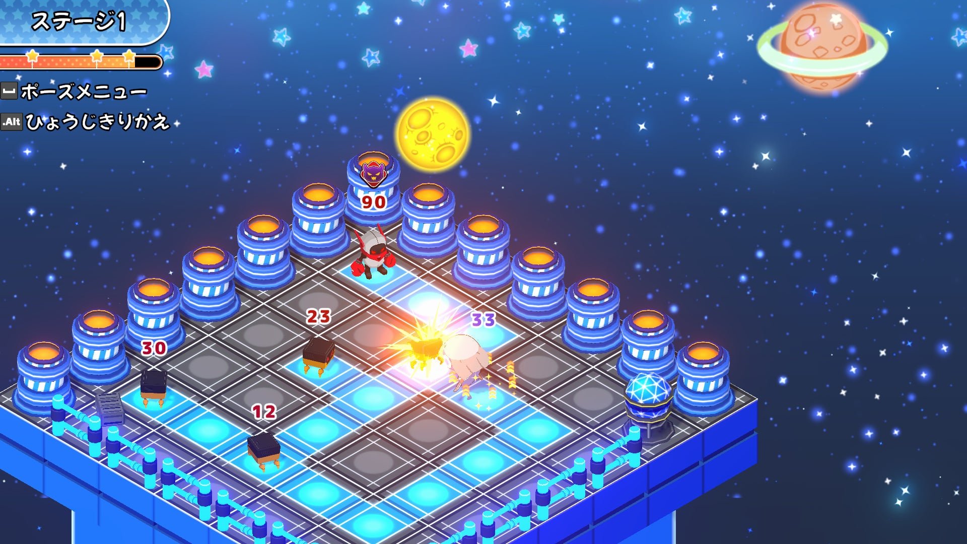 宇宙背景の盤面対戦ゲーム画面
