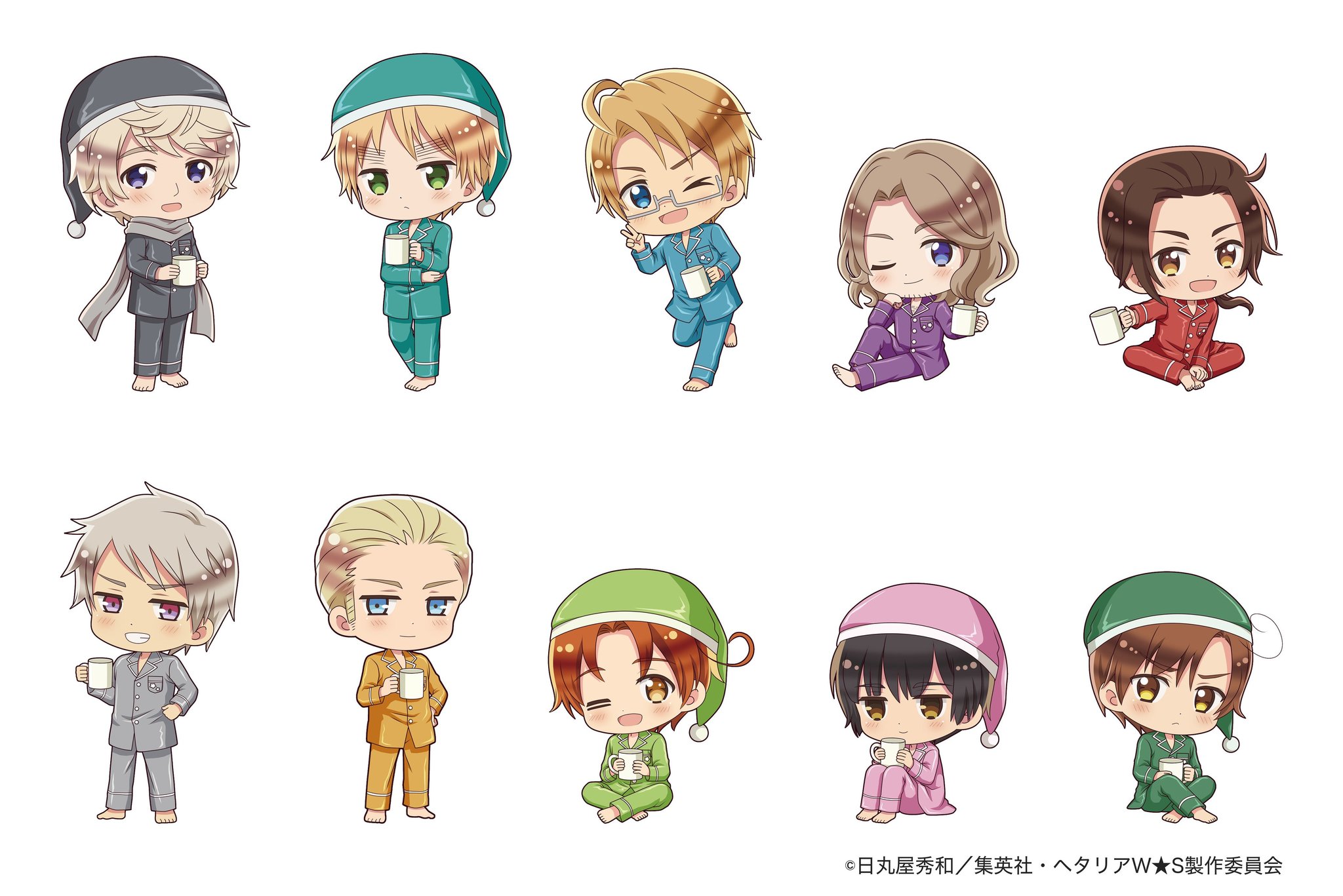 パジャマ姿でマグカップを持つヘタリア World★Starsキャラクター10人
