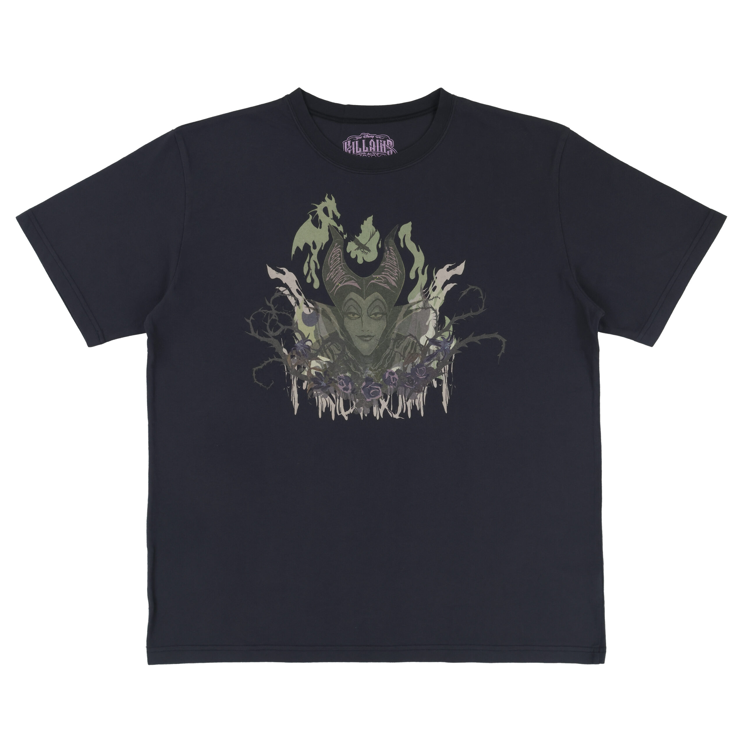 「マレフィセント」の角と緑の焔がデザインされたネイビーから黒のTシャツ