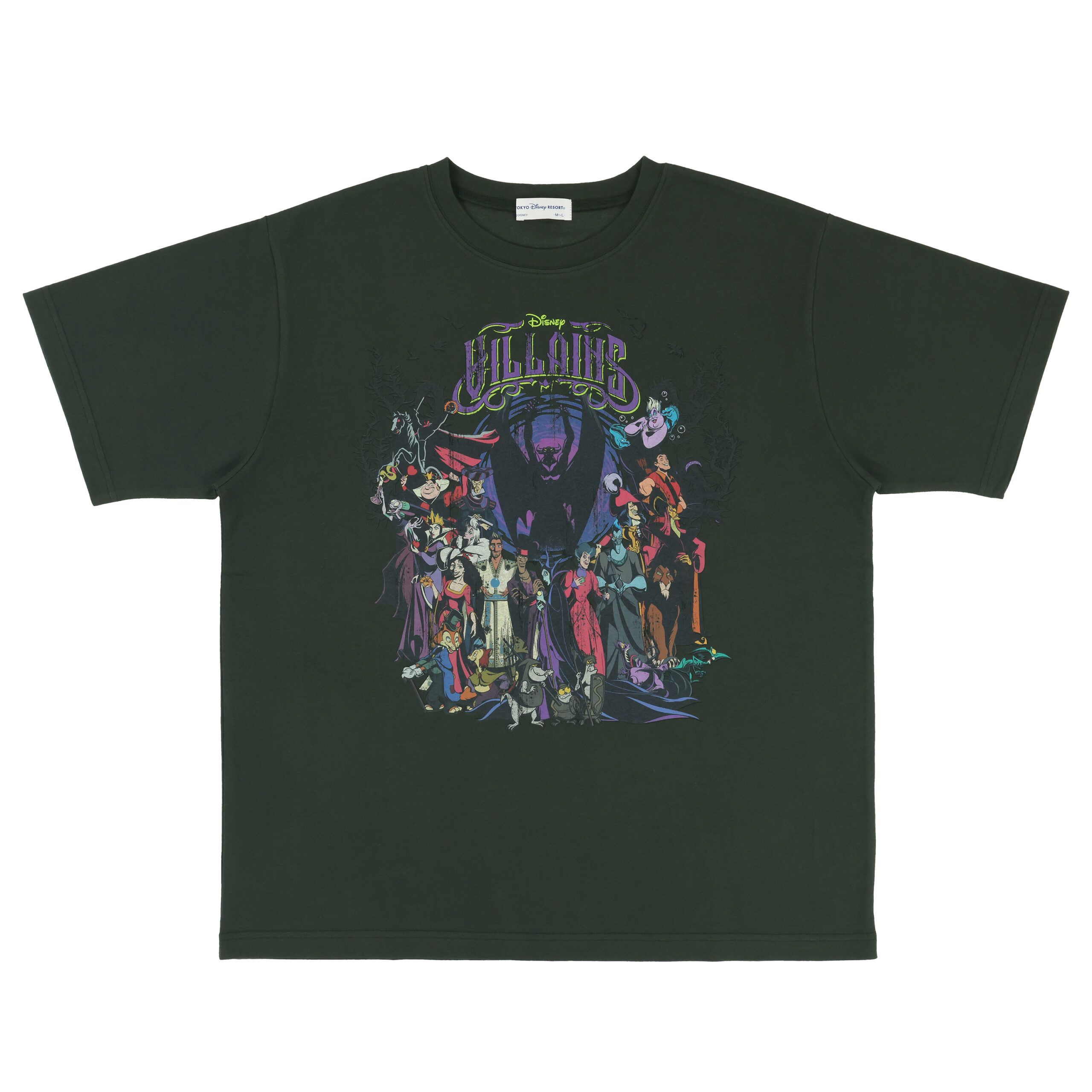 「Disney VILLAINS」ロゴとヴィランズが集合してデザインされた濃緑のTシャツ