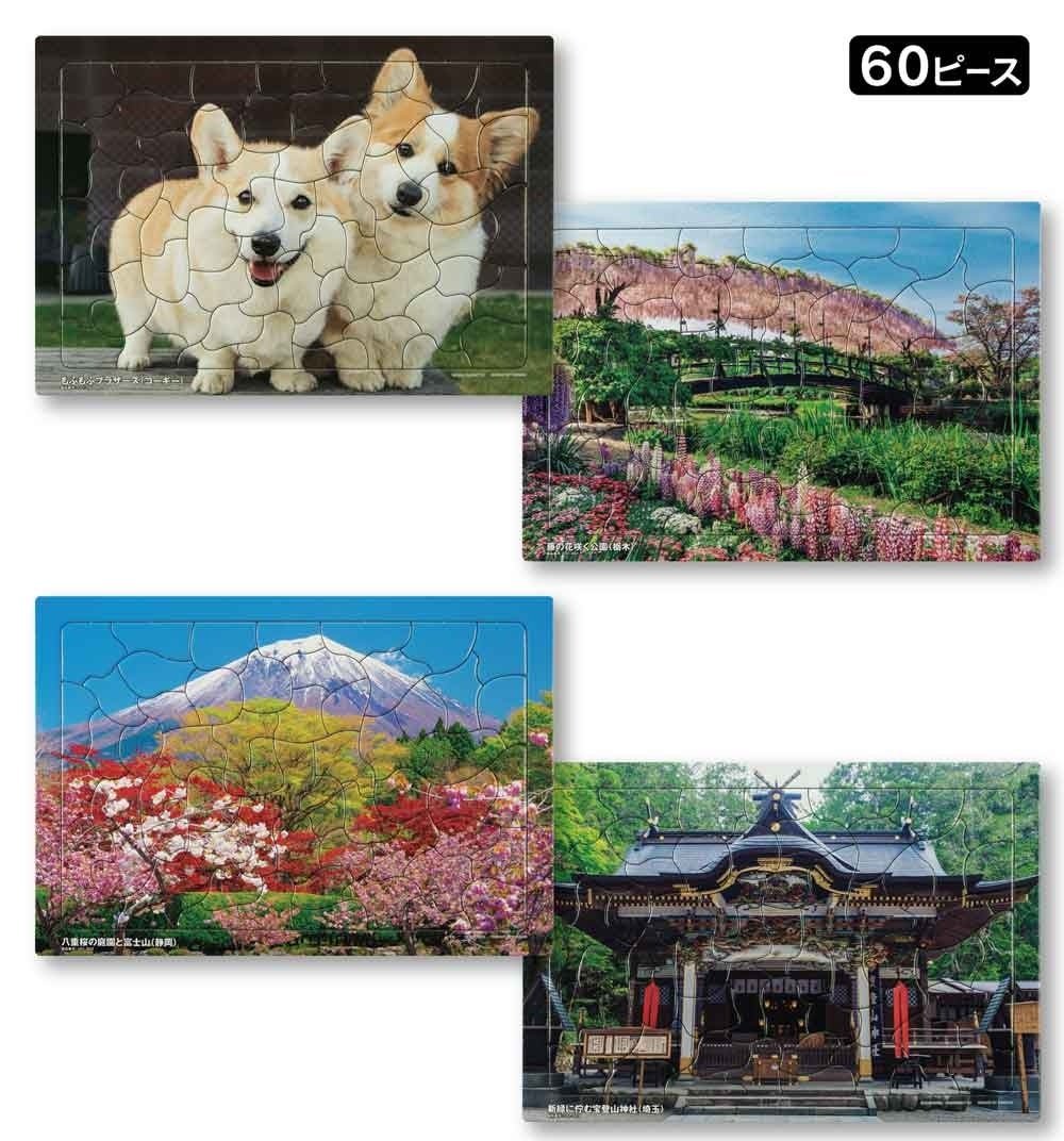 コーギー、富士山、桜、神社を描いた60ピースの台紙付きパズル4柄