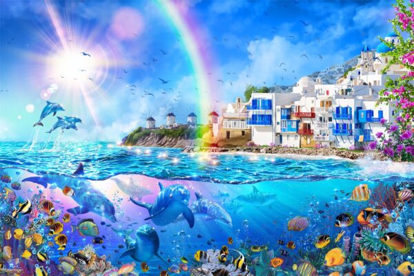 イルカとミコノス島の幻想的な海洋アート