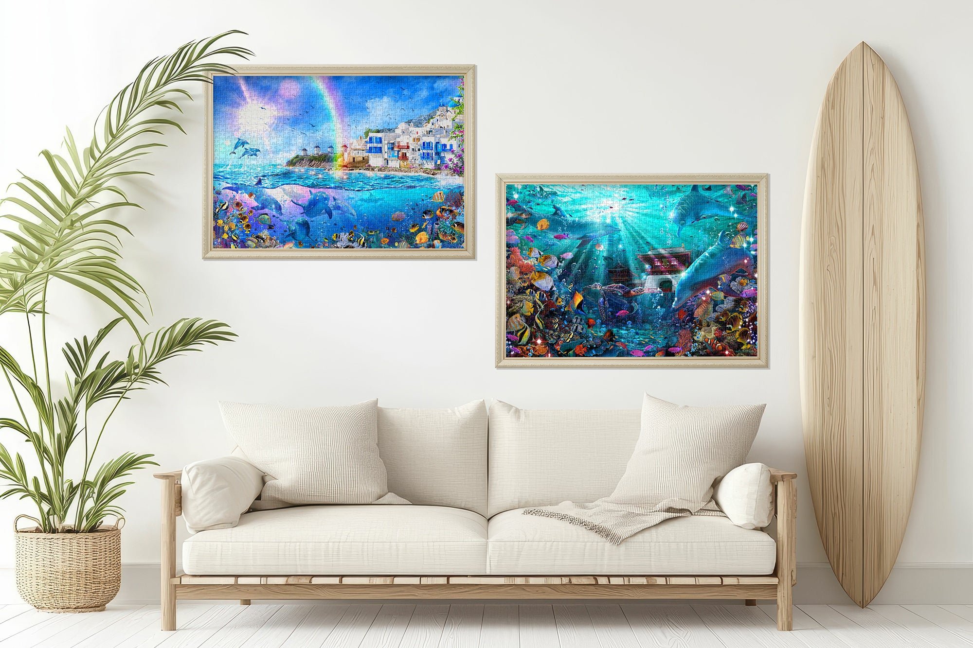 白いソファのある室内に飾られたラッセンの海洋画パズル