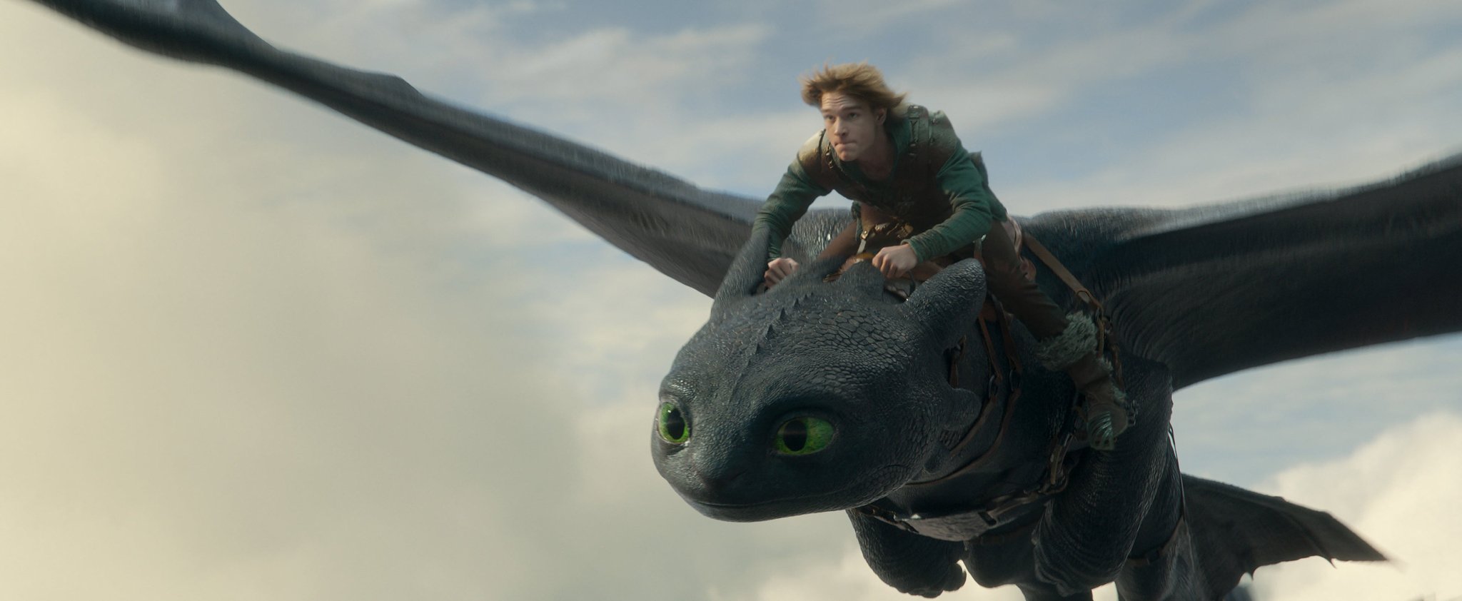 青灰色の空を飛ぶ黒いドラゴンのトゥースと少年ヒック
