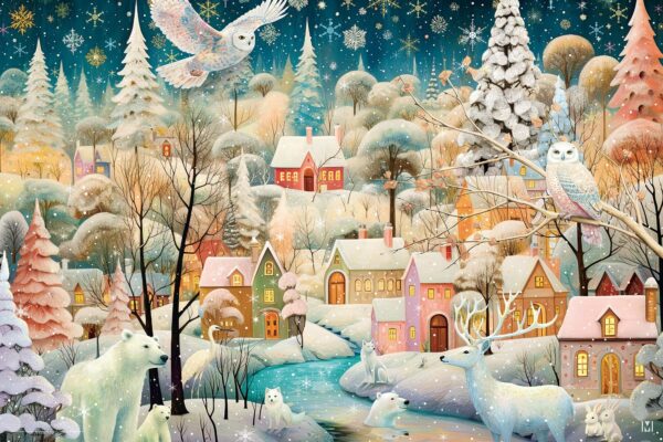 動物と家々が描かれた雪の夜の村
