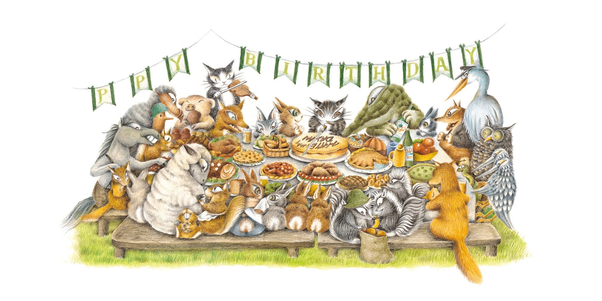 長い食卓を囲む猫のダヤンと動物たちの祝宴