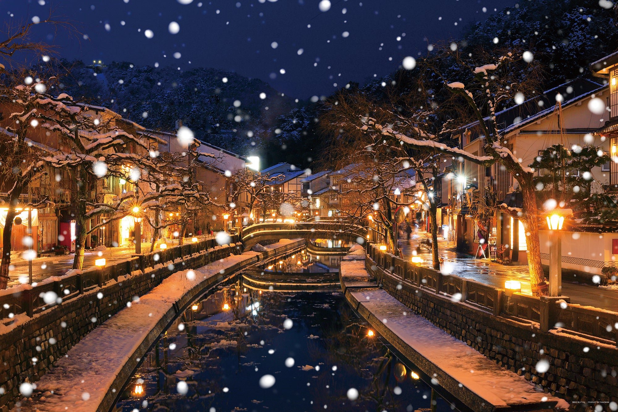 雪の降る城崎温泉の夜景