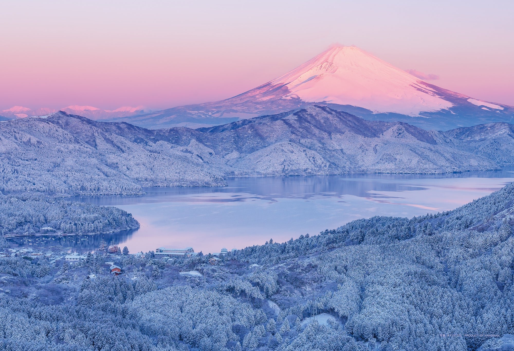 朝焼けに染まる雪化粧の富士山