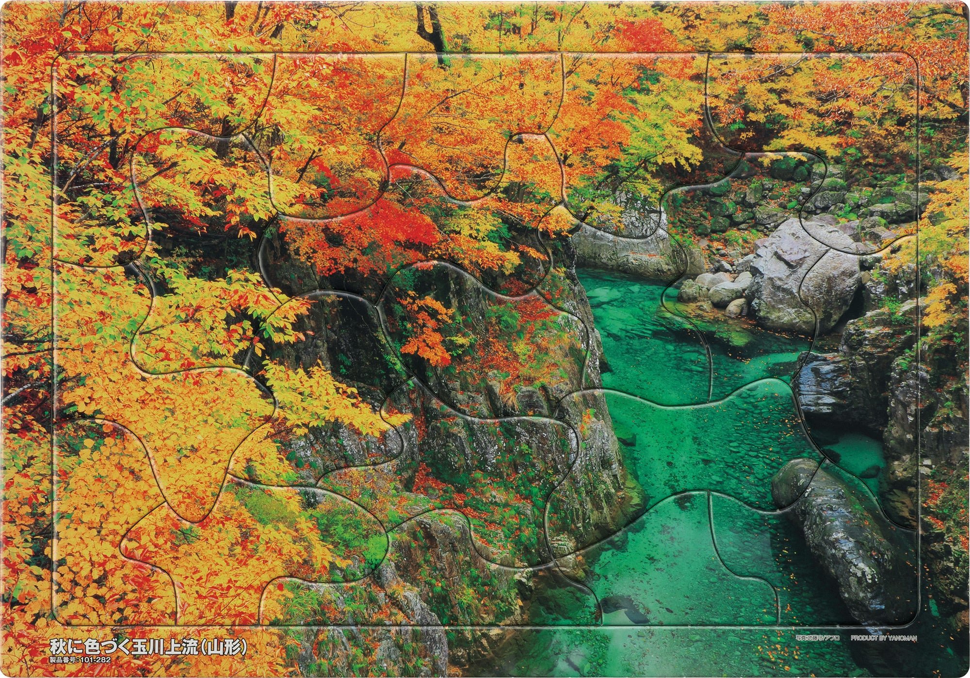 紅葉の渓谷と緑青色の川を描いた秋に色づく玉川上流柄