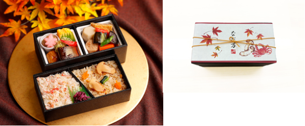 二段重弁当と蟹柄紅葉化粧箱