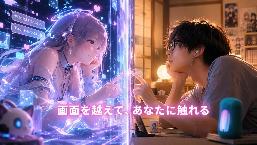 紫色の髪のAI風女性キャラクターと男性が