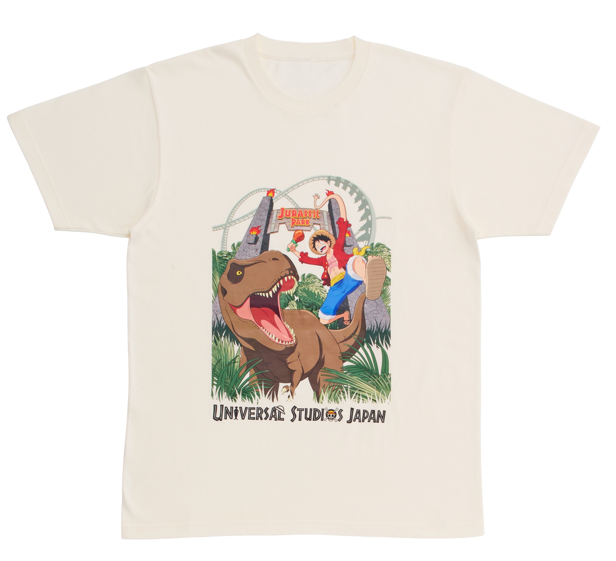 コラボレーションアートを胸にプリントしたアイボリー地のTシャツ