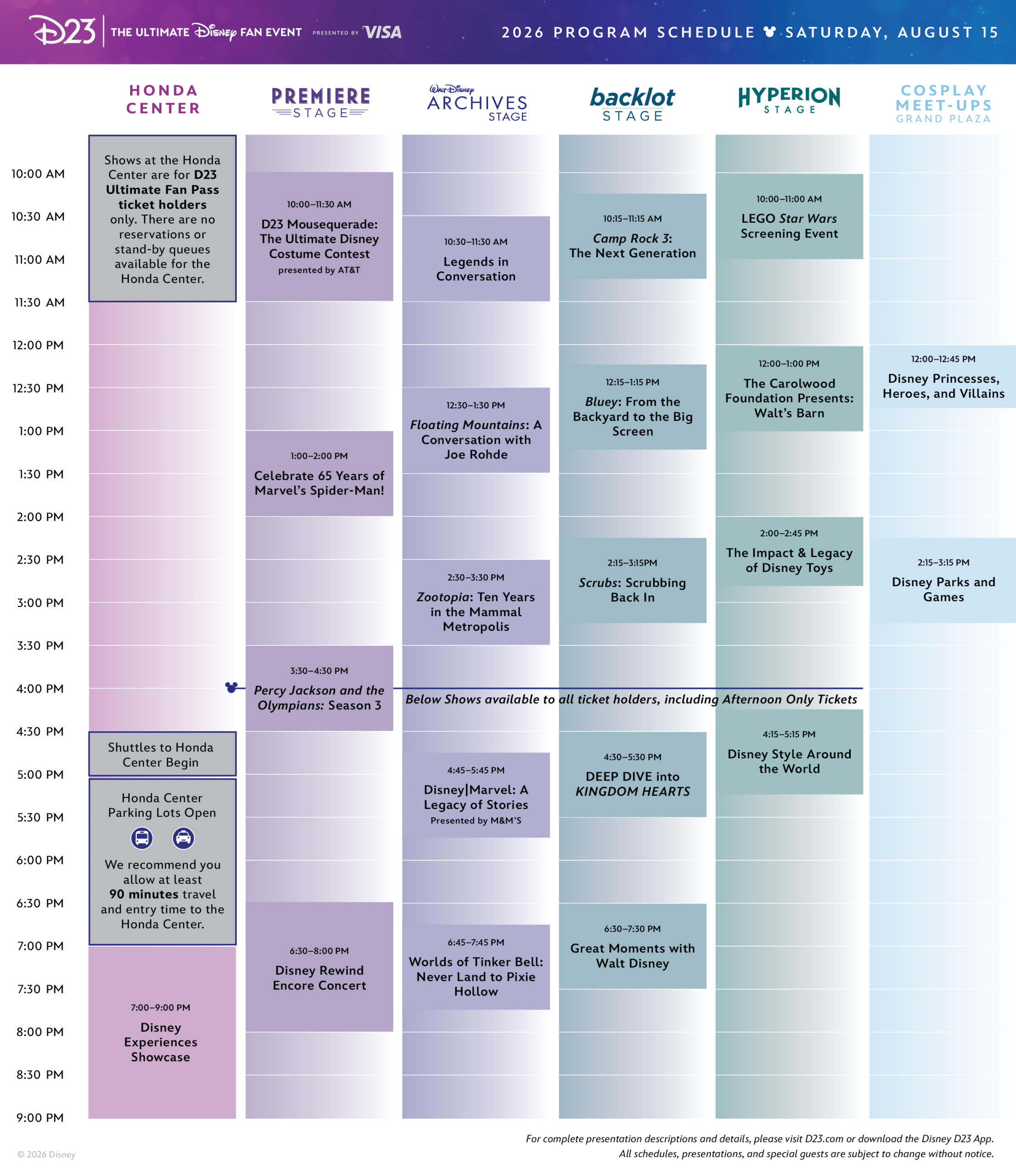 D23: The Ultimate Disney Fan Event 2026 8月15日(土)のプログラムスケジュール