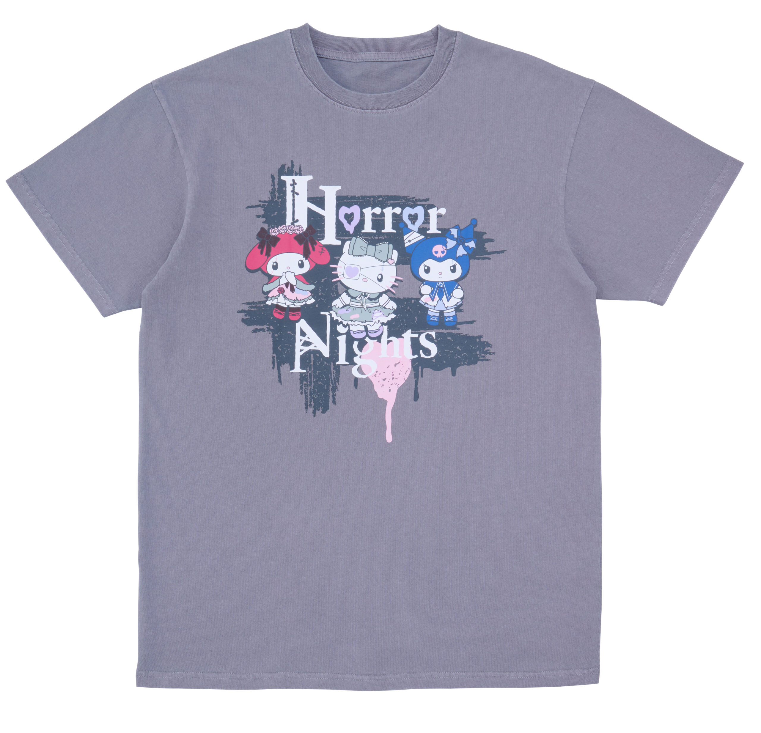 グレーTシャツに描かれたハローキティ・マイメロディ・クロミのHorror Nightsデザイン