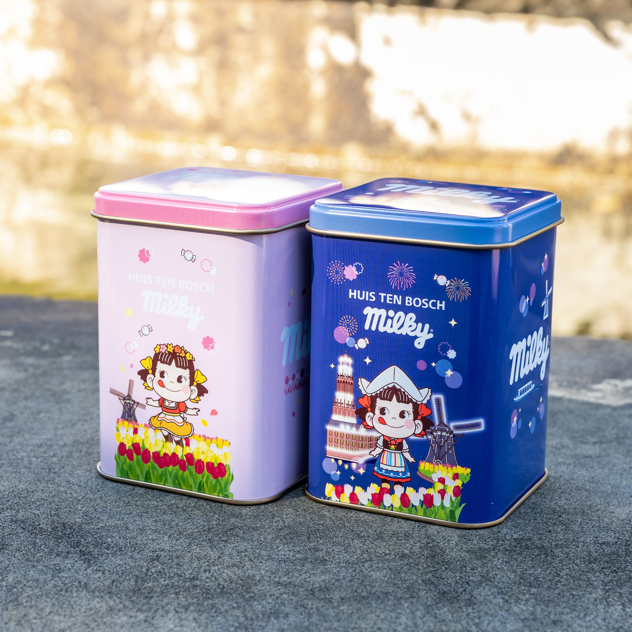 ピンクとブルーが並ぶ「ハウステンボス ミルキー缶」